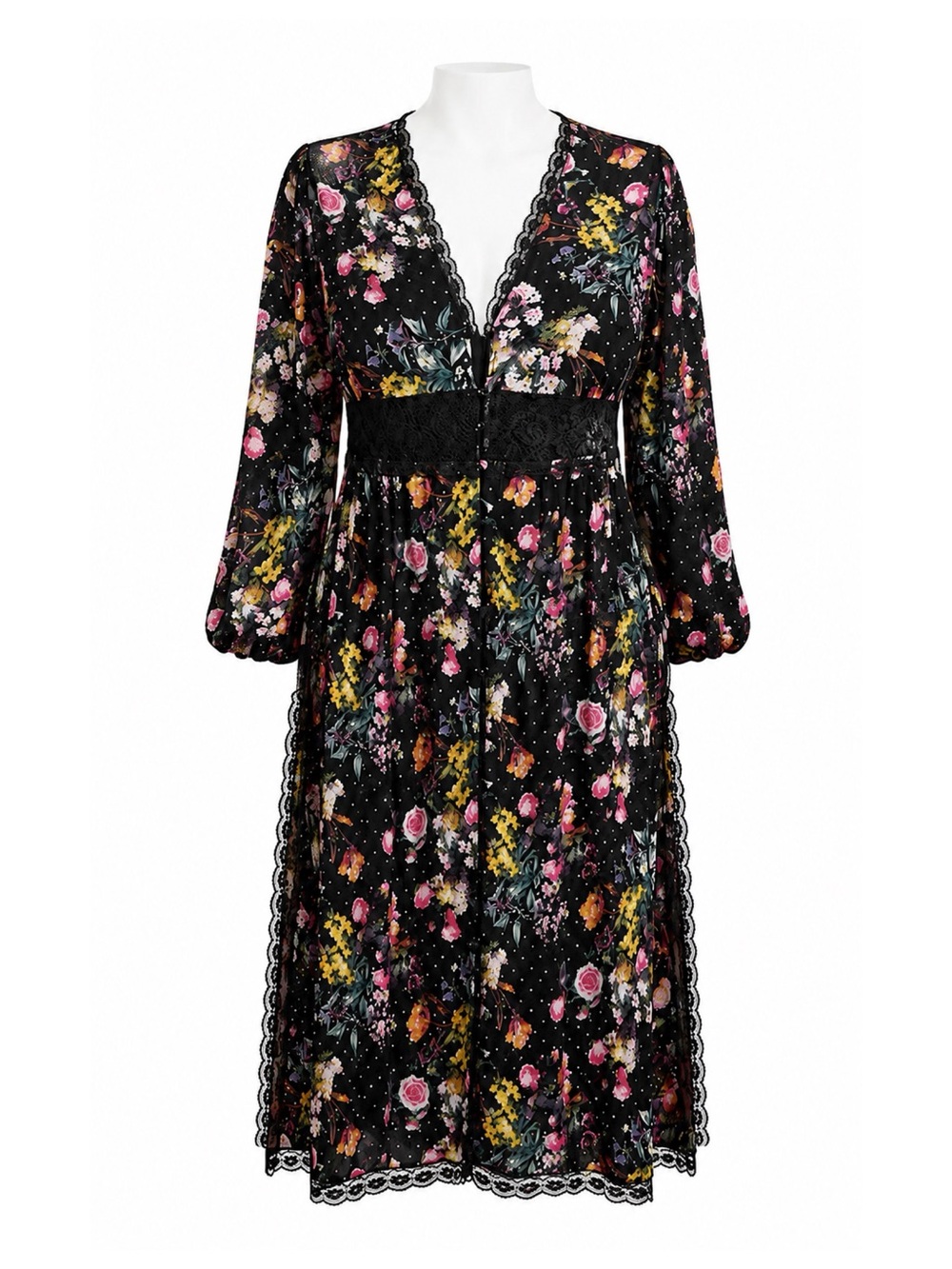 Size 4X Torrid Women’s Crepe Lace Trim Kimono Black Floral Long Duster